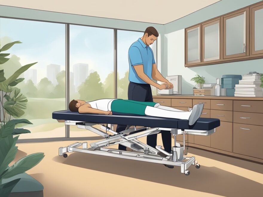 Doctor performing chiropractic adjustment on patient lying on treatment table