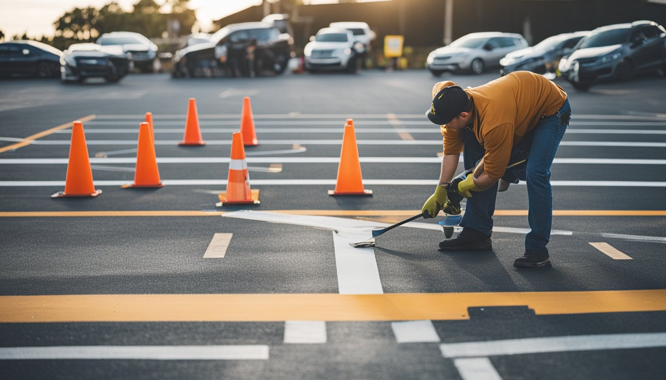 A crew measuring, marking, and painting parking lot lines with precision and care