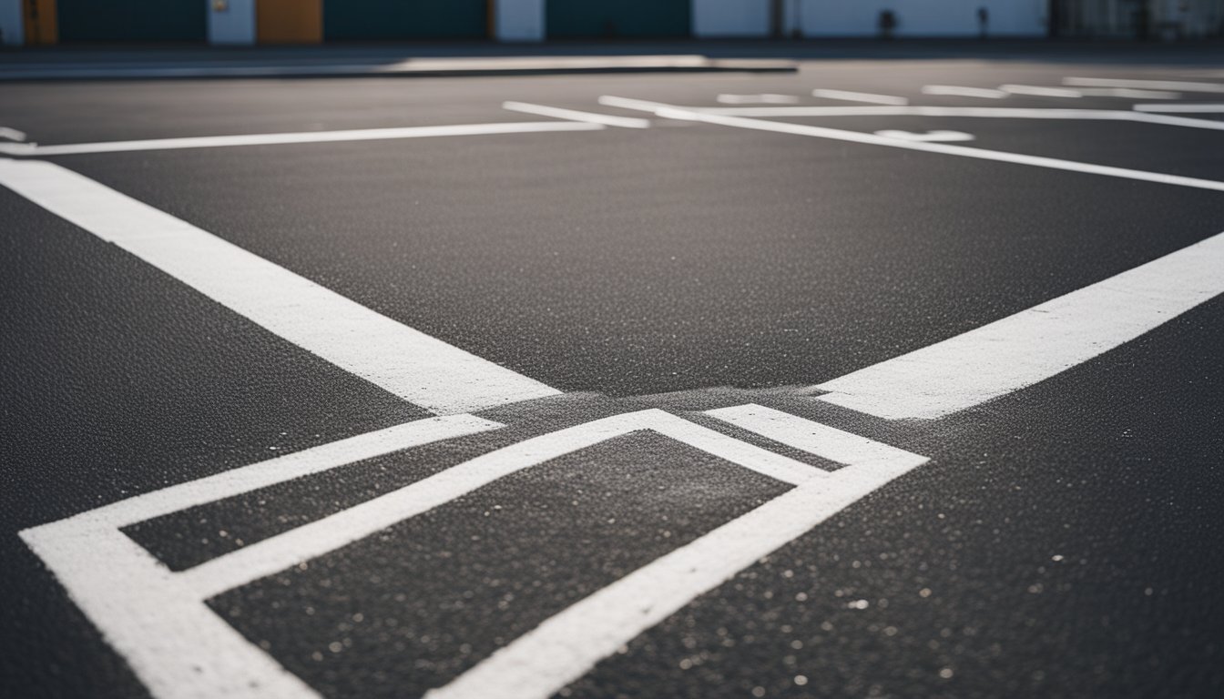 A parking lot with freshly painted white lines, a striping machine, paint cans, and stencils scattered on the ground
