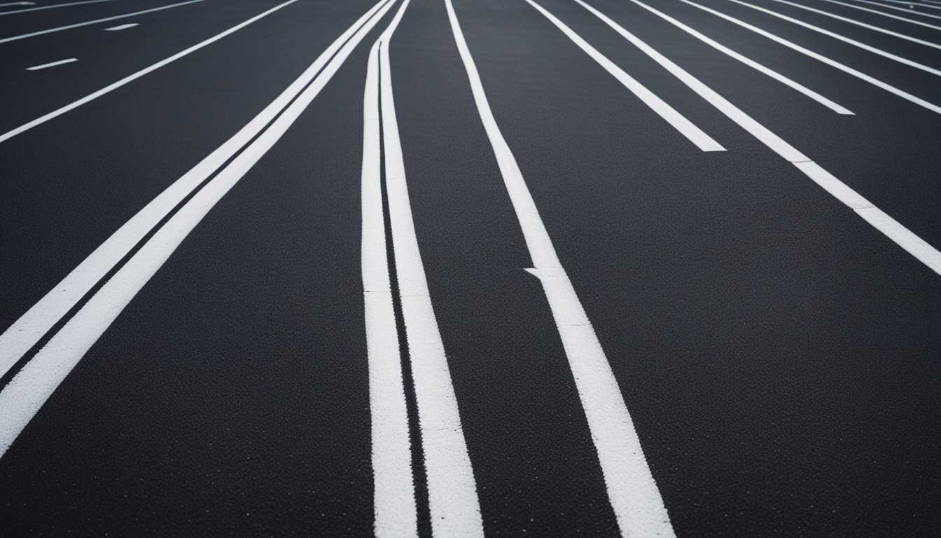 A parking lot being painted with fresh white lines in precise, straight rows