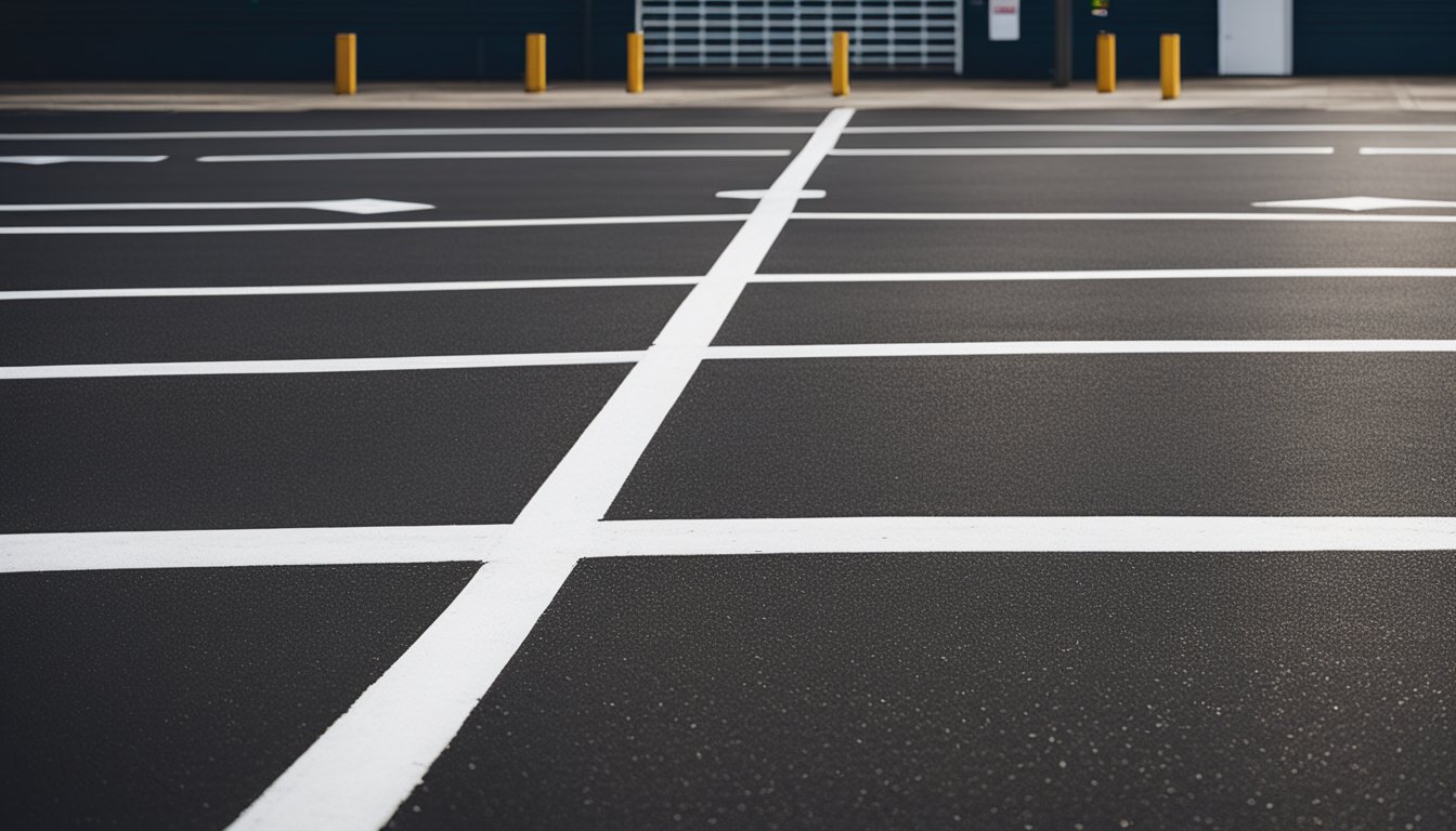 A parking lot with freshly painted white lines and markings, compliant with standards and regulations