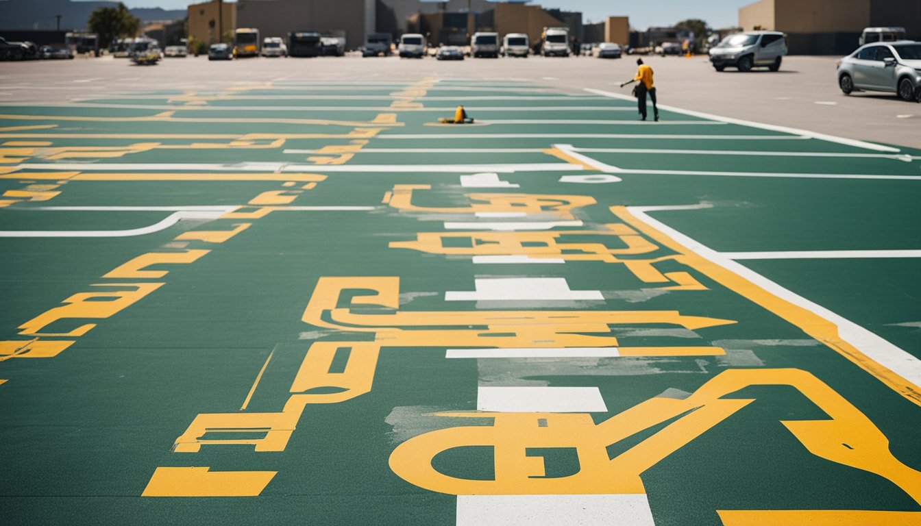 A crew of workers using paint machines and stencils to repaint parking lot lines on a sunny day