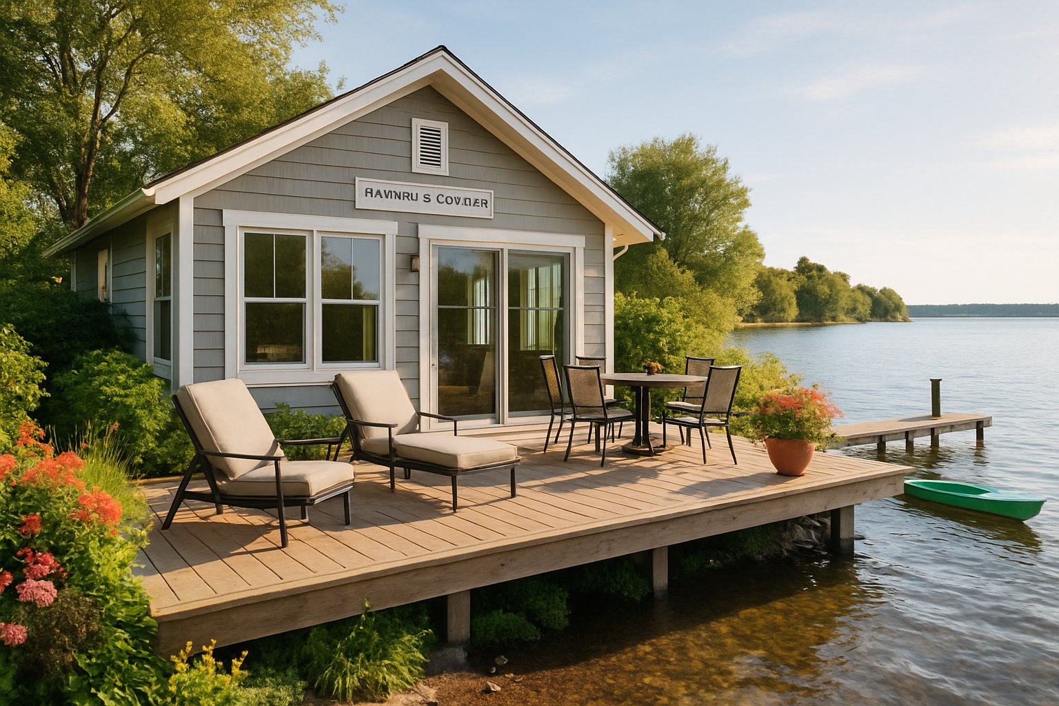 A cozy cottage with a wooden deck overlooking a calm bay with a small dock and kayak, surrounded by greenery under a clear sky.
