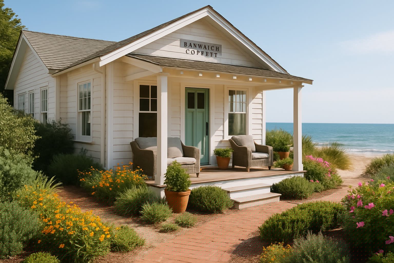 A cozy seaside cottage with a front porch, garden path, and ocean view in the background.