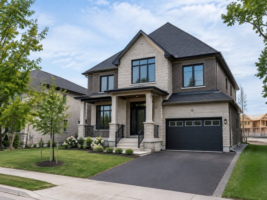 Two-story brick home with covered porch, landscaped yard, and attached garage