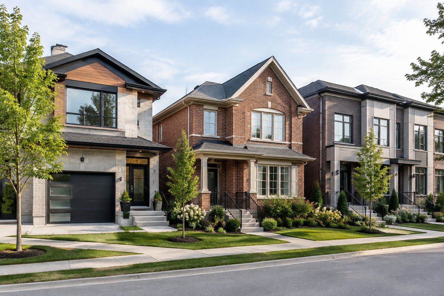 Several newly built homes line a landscaped residential street.