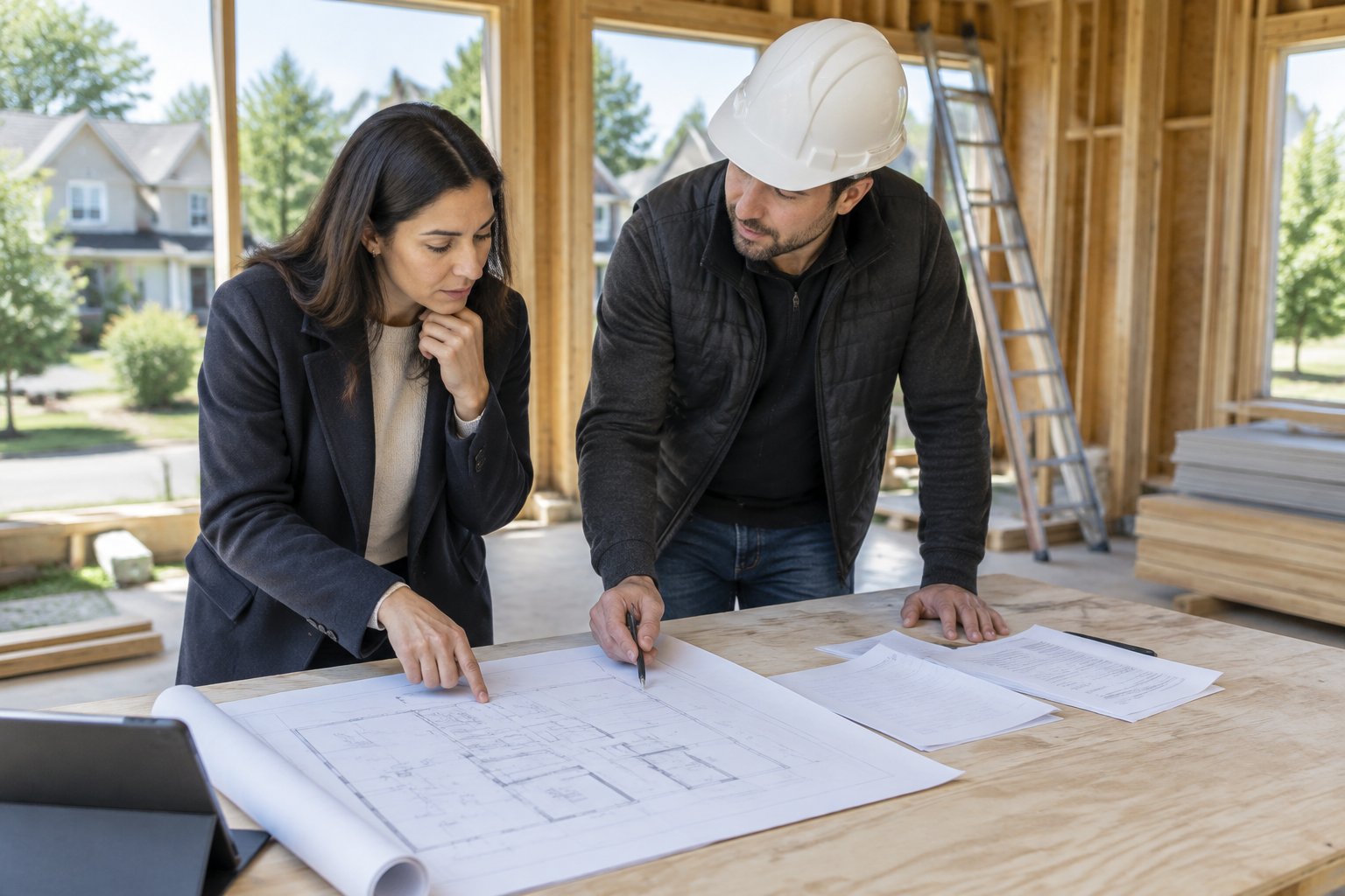 A prospective homeowner and construction professional review plans at a home under construction.