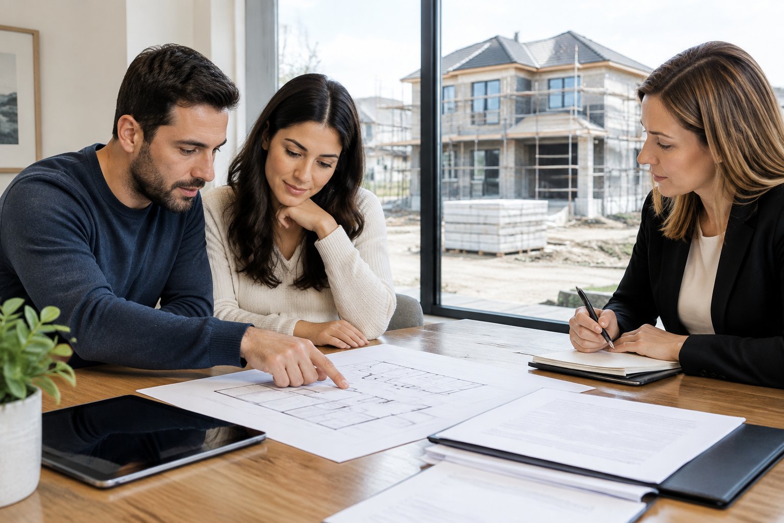 A couple reviews home plans and an agreement with a professional while a newly built house is visible nearby.