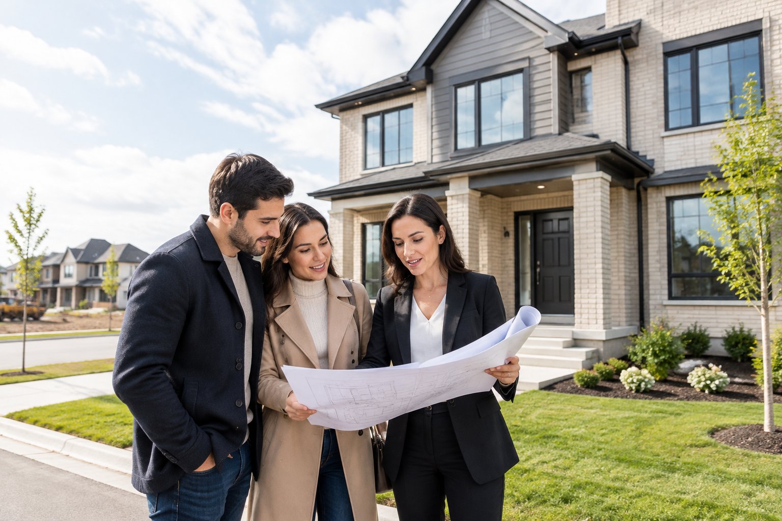 A couple reviews house plans with a real estate professional outside a newly built home.