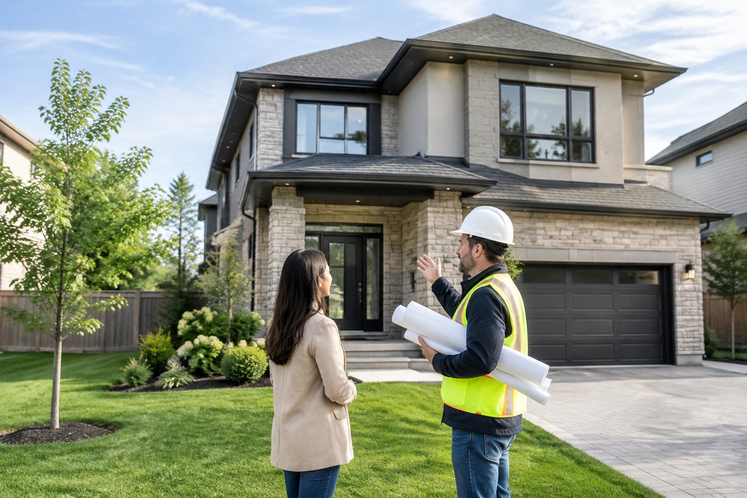 A construction professional and a homeowner discuss plans outside a newly built suburban home.
